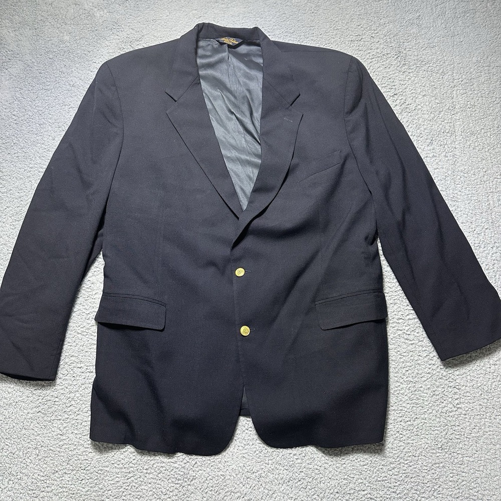 Vintage Brooks Brothers Blazer 50L Blue Solid 100% Wool Brooksease 2 Gold Button
